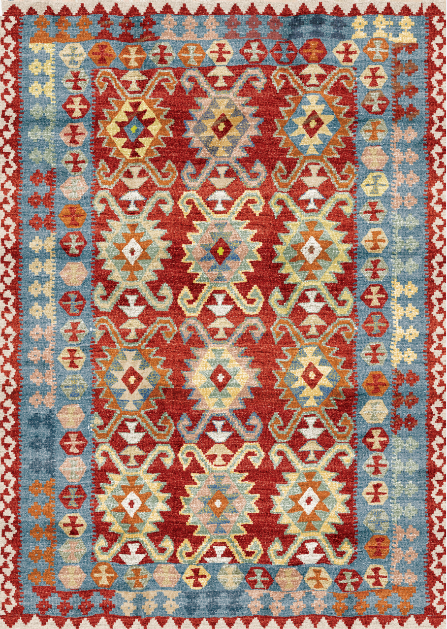 Red and Blue Tribal Lattice Flatweave Kilim